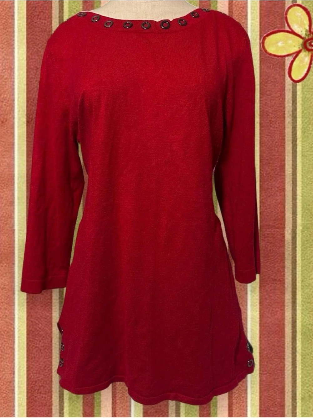 Business Casual Red Grommet-Trim Tunic Top Fall